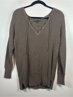 American Eagle Brown Waffle Print Lace Front Knit  Pullover Hoodie Women’s L